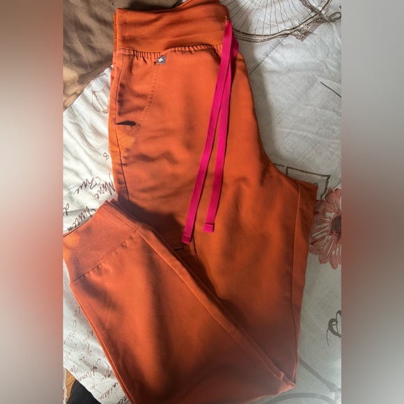 Figs Pants - Figs Orange Scrub Pants with Pink Drawstring